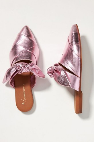 ANTHROPOLOGIE Woven Bow Mules Pink ~ metallic point toe slip on shoes ~ open back flats