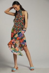 ANTHROPOLOGIE Silk Halter Midi Dress ~ mixed floral print halterneck dresses ~ summer occasion fashion ~ feminine halter neck designs