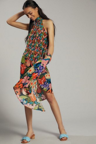 ANTHROPOLOGIE Silk Halter Midi Dress ~ mixed floral print halterneck dresses ~ summer occasion fashion ~ feminine halter neck designs