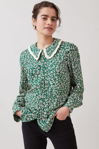 Fresha Ula Shirt Green Motif / vintage style floral print blouse / women’s retro shirts / oversized collar blouses - flipped