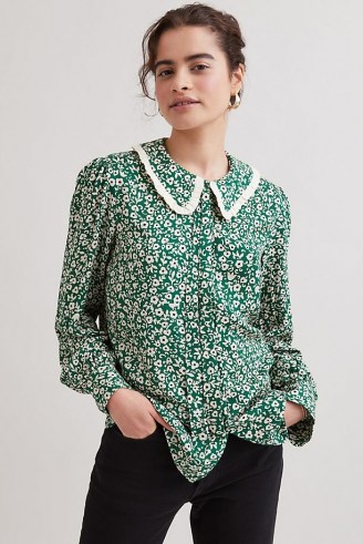 Fresha Ula Shirt Green Motif / vintage style floral print blouse / women’s retro shirts / oversized collar blouses