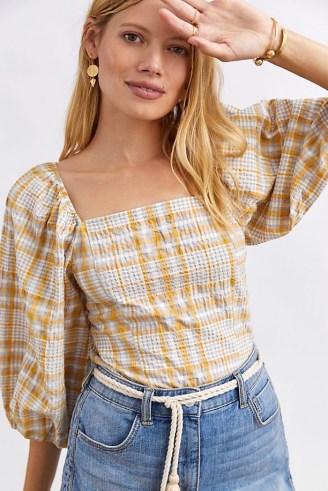 Maeve Checked Square-Neck Blouse / square neck puff sleeve blouses - flipped