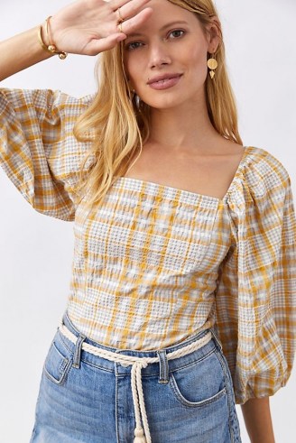 Maeve Checked Square-Neck Blouse / square neck puff sleeve blouses