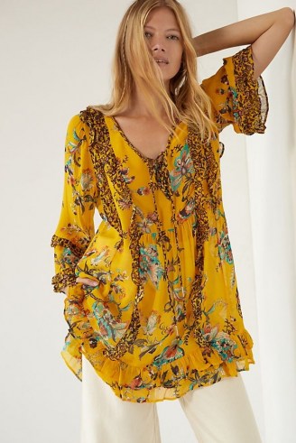 ANTHROPOLOGIE Breezy Sheer Tunic Blouse Yellow Motif / floral tunics / bright boho tops / floaty bohemian fashion - flipped