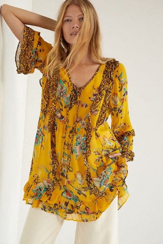 ANTHROPOLOGIE Breezy Sheer Tunic Blouse Yellow Motif / floral tunics / bright boho tops / floaty bohemian fashion