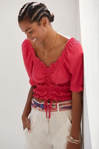 Pilcro Cinched Puff-Sleeve Top in Rose ~ pink ruffle trim crop tops ~ peasant inspired fashion - flipped