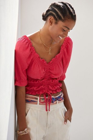 Pilcro Cinched Puff-Sleeve Top in Rose ~ pink ruffle trim crop tops ~ peasant inspired fashion