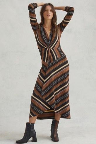 Maeve Striped Wrap Maxi Dress ~ black and brown neutral stripe dresses - flipped