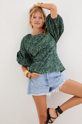 Eva Franco Bow-Tie Blouse Green | puff sleeve open back detail blouses | romantic fashion - flipped