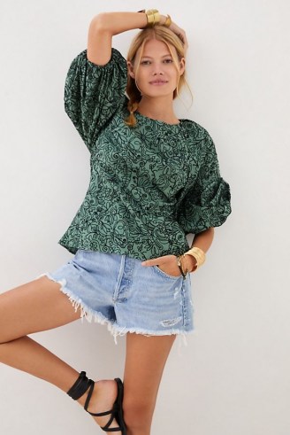 Eva Franco Bow-Tie Blouse Green | puff sleeve open back detail blouses | romantic fashion