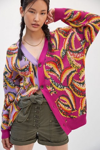 Farm Rio Banana Colourblocked Cardigan | womens drop shoulder colour block spliced cardigans | fruit pattern knitwear - flipped