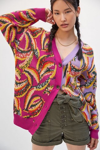 Farm Rio Banana Colourblocked Cardigan | womens drop shoulder colour block spliced cardigans | fruit pattern knitwear