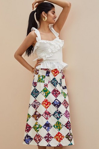 Tiny Patchwork Midi Skirt | A line patch print skirts | front pocket detail - flipped