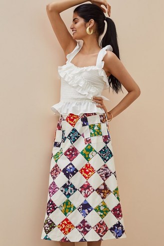Tiny Patchwork Midi Skirt | A line patch print skirts | front pocket detail
