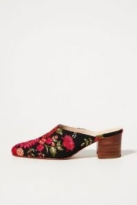 Momo Design Tapestry Embroidered Heeled Mules ~ beautiful floral sequinned slip on mule ~ womens block heel shoes with embroidery