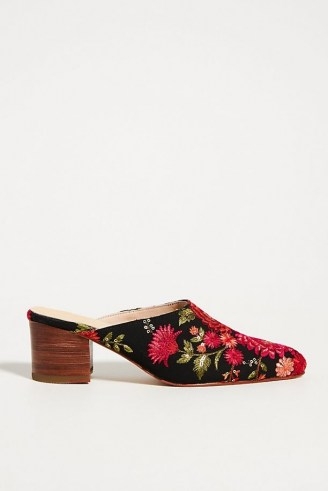 Momo Design Tapestry Embroidered Heeled Mules ~ beautiful floral sequinned slip on mule ~ womens block heel shoes with embroidery - flipped
