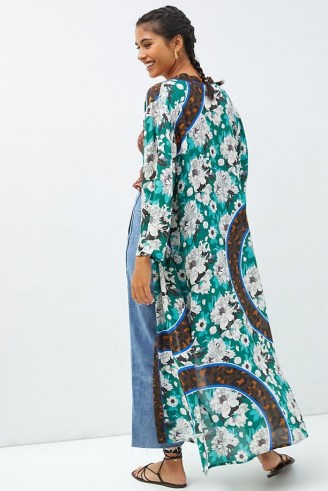 Bl-nk Floral Cover-Up Kimono ~ womens green maxi kimonos ~ women’s long length open front robes - flipped