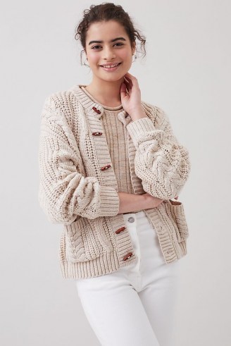 Anthropologie Joni Cable-Knit Cardigan | womens chunky cream toggle button up cardigans - flipped