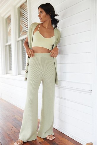Daily Practice by Anthropologie Ribbed Knit Lounge Set Green / women’s loungewear sets / knitted trousers and cardigan top / womens knitwear co ords - flipped