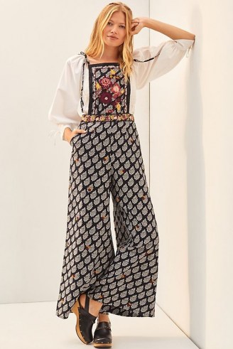 ANTHROPOLOGIE Embroidered Wide-Leg Jumpsuit ~ bohemian strappy floral all-in-one ~ boho jumpsuits - flipped