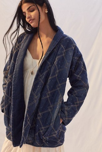Pilcro Quilted Denim Kimono Jacket ~ womens casual dark blue open front jackets - flipped