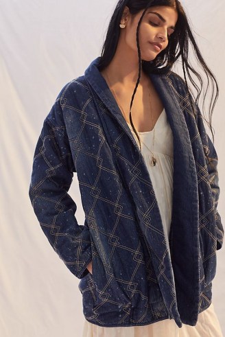 Pilcro Quilted Denim Kimono Jacket ~ womens casual dark blue open front jackets
