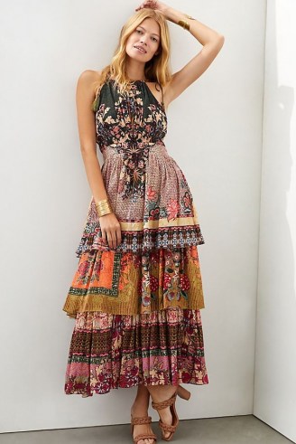 Bhanuni by Jyoti Tiered Halter Maxi Dress ~ beautiful multi print layered dresses ~ bohemian halterneck fashion ~ floral boho clothing