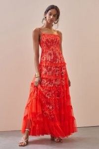 ANTHROPOLOGIE Tiered Tulle Maxi Dress / romantic red sheer overlay occasion dresses / floral fashion / ruffle trim