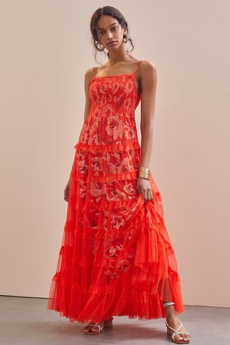 ANTHROPOLOGIE Tiered Tulle Maxi Dress / romantic red sheer overlay occasion dresses / floral fashion / ruffle trim - flipped