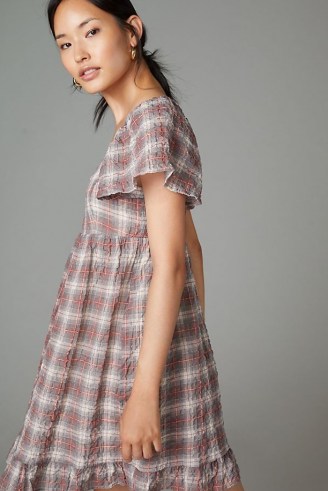 Maeve Flutter-Sleeved Mini Dress / checked fluttery short sleeve frill hem dresses / romantic check print fashion - flipped