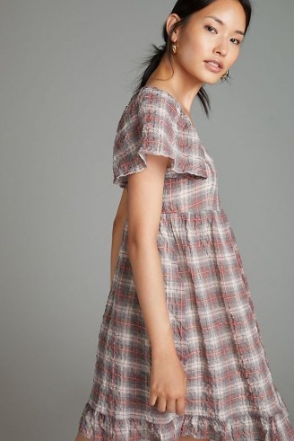 Maeve Flutter-Sleeved Mini Dress / checked fluttery short sleeve frill hem dresses / romantic check print fashion