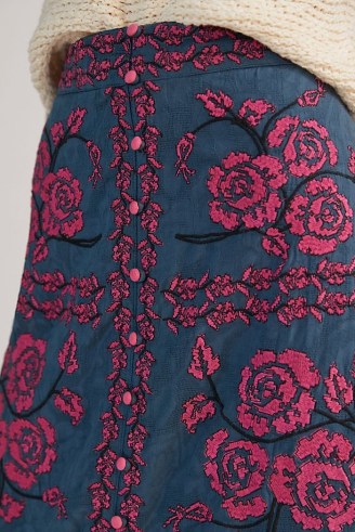 ANTHROPOLOGIE Embroidered Midi Skirt DARK TURQUOISE / floral skirts