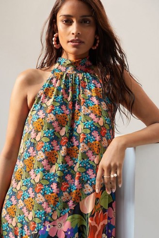 Anthropologie Silk Halter Midi Dress – glamorous mixed floral print halterneck dresses – high neck fashion - flipped