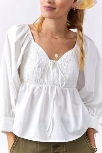 Anthropologie Beth Smocked Sweetheart Blouse – balloon sleeve prairie inspired blouses – feminine blouson tops