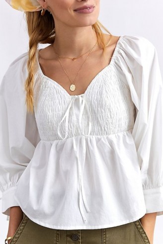 Anthropologie Beth Smocked Sweetheart Blouse – balloon sleeve prairie inspired blouses – feminine blouson tops - flipped