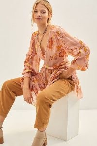 Anthropologie Sheer Ruffled Tunic Blouse Pink Combo ~ feminine longline floral blouses ~ ruffle trim tunics