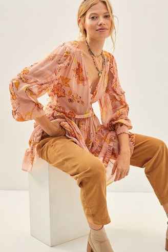 Anthropologie Sheer Ruffled Tunic Blouse Pink Combo ~ feminine longline floral blouses ~ ruffle trim tunics - flipped