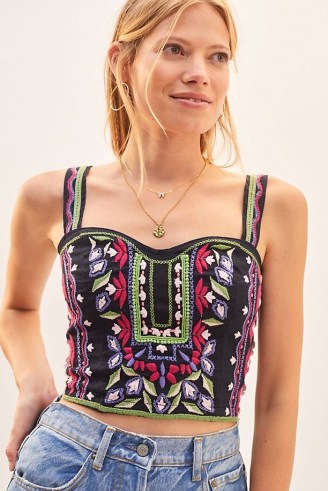 Anthropologie Embroidered Crop Top Black Motif | floral cropped bustier style tops - flipped