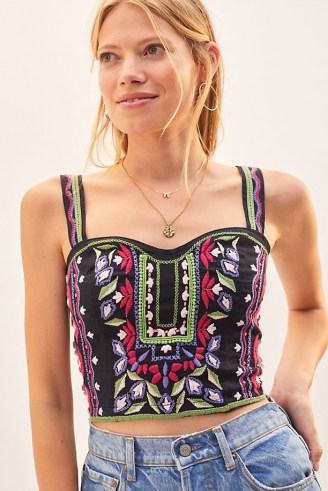 Anthropologie Embroidered Crop Top Black Motif | floral cropped bustier style tops