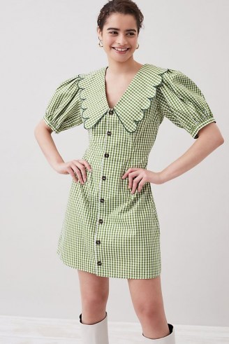 Resume Finley Mini Dress Green / gingham print puff sleeve oversized collar dresses / statement scalloped edge collars - flipped