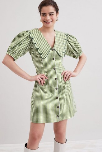 Resume Finley Mini Dress Green / gingham print puff sleeve oversized collar dresses / statement scalloped edge collars