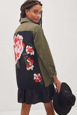 ANTHROPOLOGIE Floral Contrast Denim Jacket in Moss / womens casual green jackets with back print - flipped