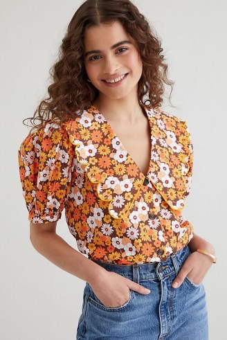 Resume Free Blouse Orange Motif / retro floral print blouses / womens vintage inspired tops / 70s inspired prints / puff sleeves / oversized collar