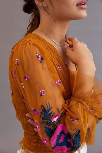 ANTHROPOLOGIE Smocked Tulle Blouse Gold / embroidered floral blouses / semi sheer ruffled blouses / romantic style fashion