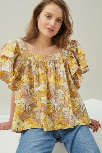 Stella Nova Esi Blouse Yellow / floral layered sleeve blouses / feminine square neck tops / vintage inspired prints - flipped