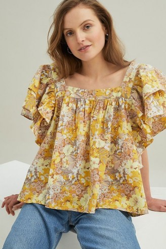 Stella Nova Esi Blouse Yellow / floral layered sleeve blouses / feminine square neck tops / vintage inspired prints