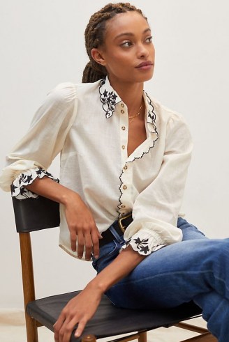 ANTHROPOLOGIE Embroidered Buttondown Shirt / womens feminine scalloped edge shirts - flipped