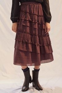 Current Air Tiered Midi Skirt Purple / check print ruffled layered skirts