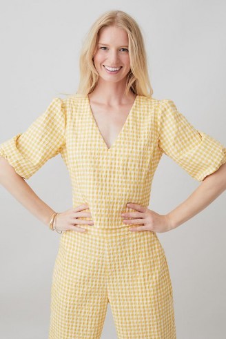 ANTHROPOLOGIE Gingham V-Neck Blouse Yellow / puff sleeve check print blouses - flipped