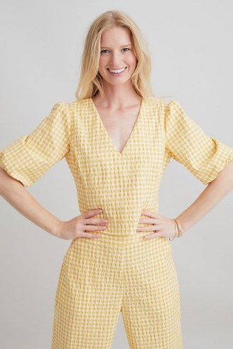 ANTHROPOLOGIE Gingham V-Neck Blouse Yellow / puff sleeve check print blouses